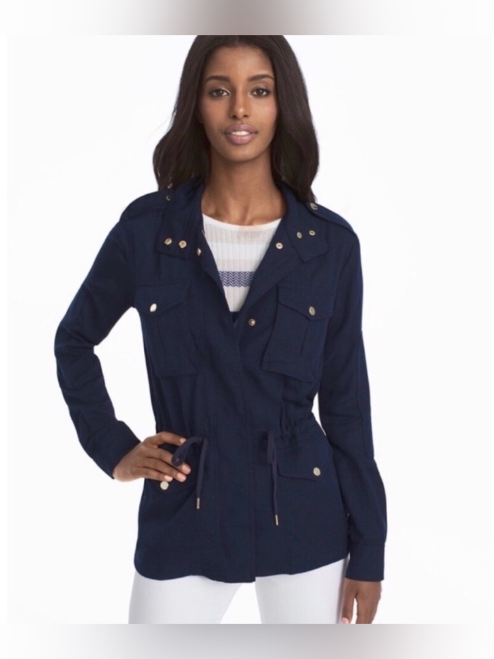 White House Black Market Navy Drawstring Utility Jacket